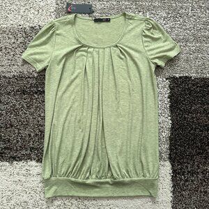 DJT FASHION (M) Bright Green Heathered Pleated Tee Scoop Blouson Top Herbal Moss